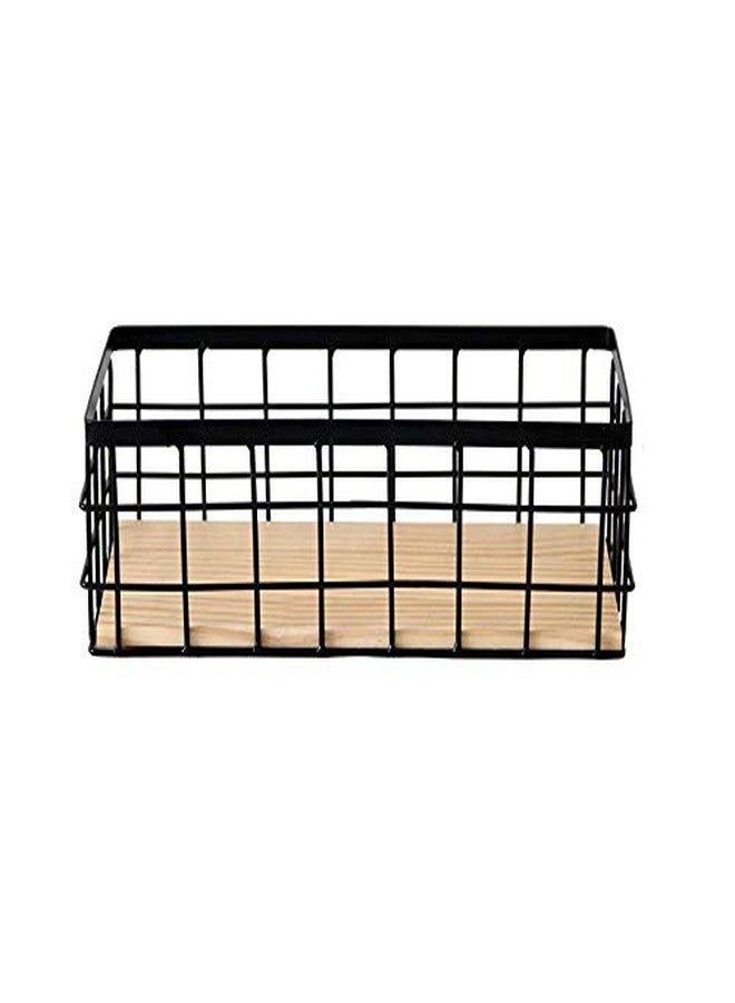 KiaoTime Metal Wire Storage Organizer Bin Basket, Home Kitchen Restaurant Coffee Bar Station Counter Sugar Sweetener Tea Packets Holder, Rustic Style Wire Grid Wooden Base Organizing Basket - Image 1