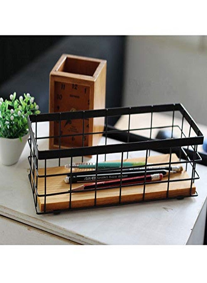 KiaoTime Metal Wire Storage Organizer Bin Basket, Home Kitchen Restaurant Coffee Bar Station Counter Sugar Sweetener Tea Packets Holder, Rustic Style Wire Grid Wooden Base Organizing Basket - Image 4