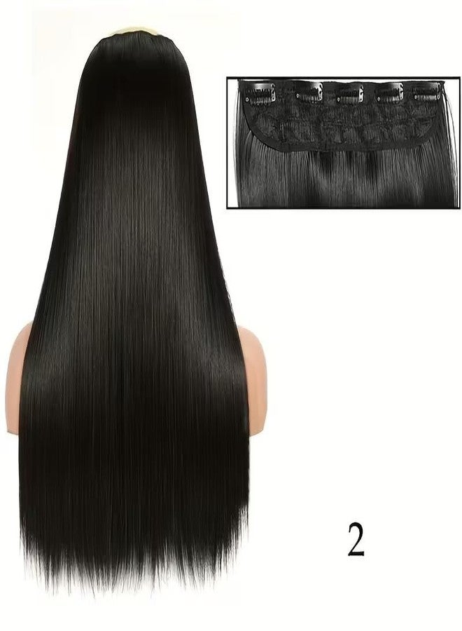 eparty 24 Inch Black Hair Extensions for Women – 5 Clip In Synthetic Hairpiece Heat Resistant Long Straight Fake Hair for Cosplay & Party – Natural Looking Artificial Hair Extension (Black, 24") - Image 3