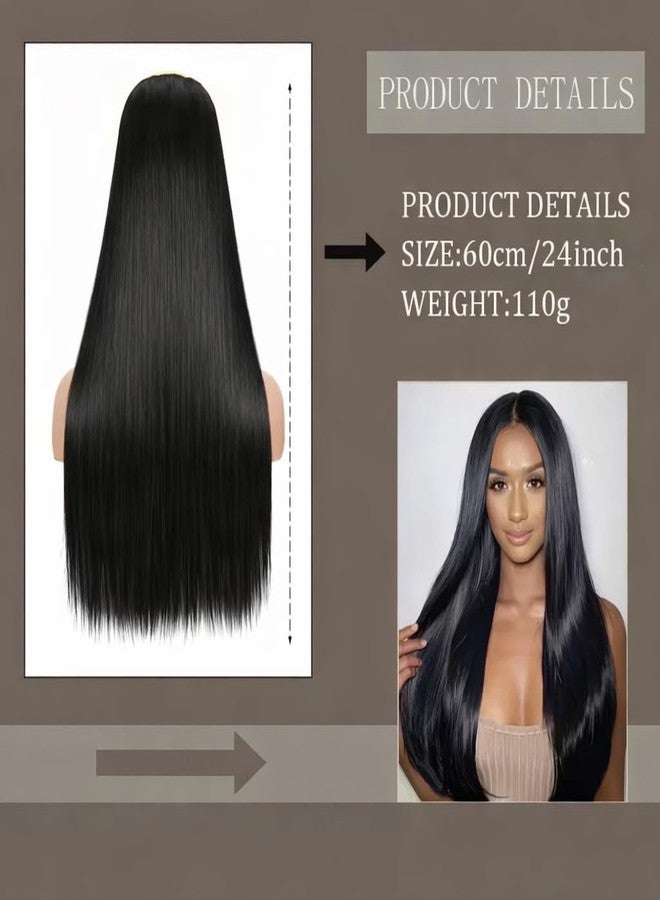 eparty 24 Inch Black Hair Extensions for Women – 5 Clip In Synthetic Hairpiece Heat Resistant Long Straight Fake Hair for Cosplay & Party – Natural Looking Artificial Hair Extension (Black, 24") - Image 4