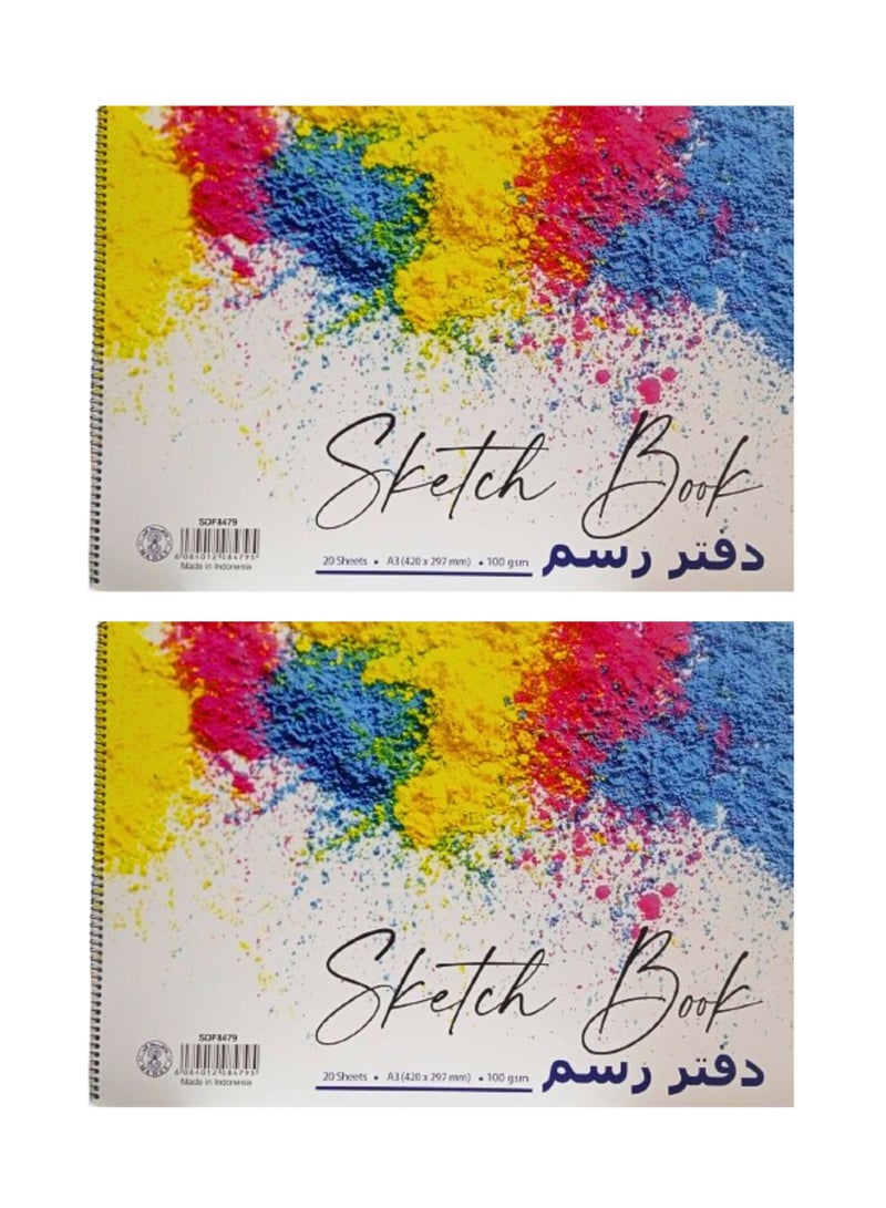 Sadaf Spiral Sketch Pad, A3 Size, White 100 gsm 20 Sheets (Pack of 2) - Image 1