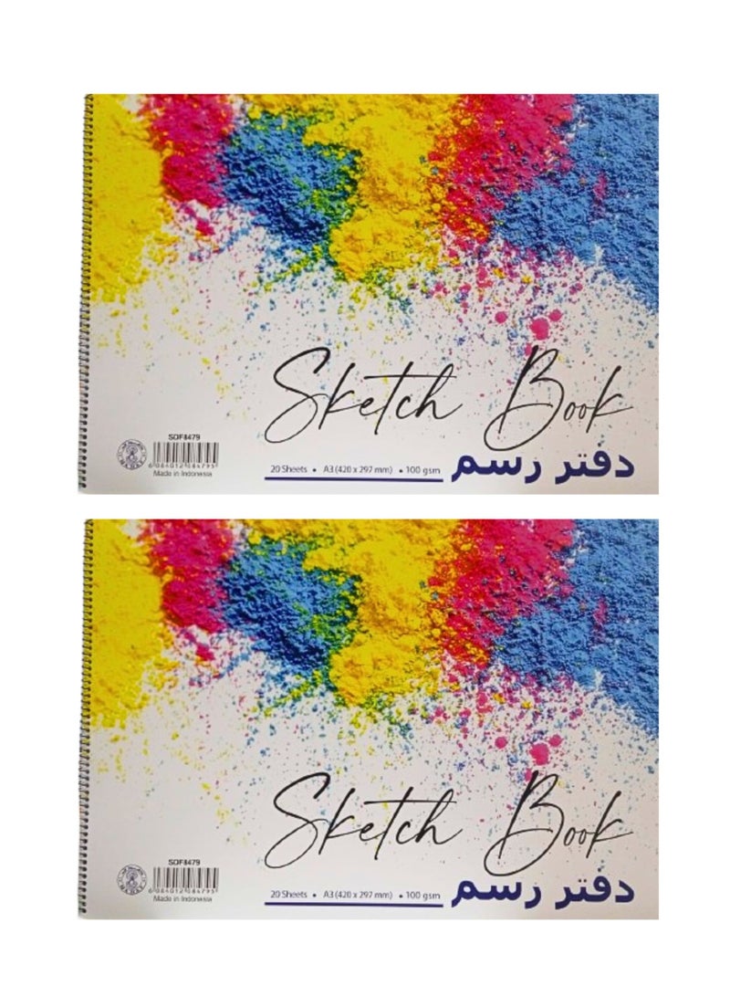 Sadaf Spiral Sketch Pad, A3 Size, White 100 gsm 20 Sheets (Pack of 2) - Image 2