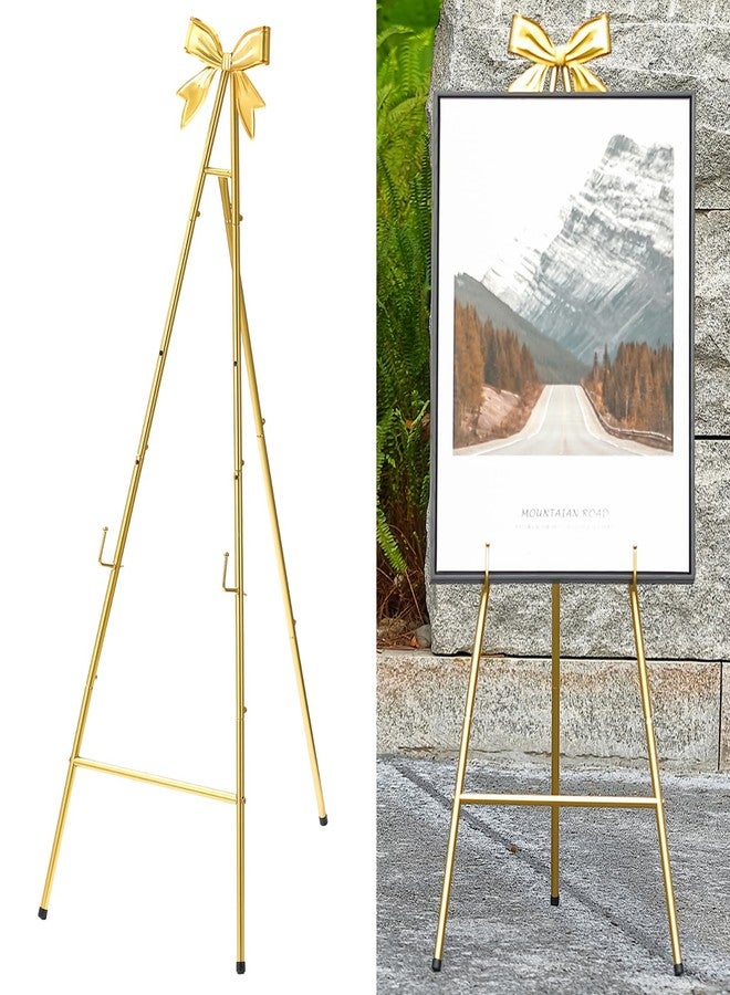 CaliDecor حامل معدني ذهبي اللون من كالي ديكور، ارتفاع 53 بوصة، لعرض اللافتات، حامل عرض كبير قابل للتعديل مع فيونكة فراشة في الأعلى، مثالي لعرض صور حفلات الزفاف والملصقات. - Image 1