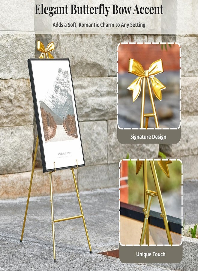 CaliDecor حامل معدني ذهبي اللون من كالي ديكور، ارتفاع 53 بوصة، لعرض اللافتات، حامل عرض كبير قابل للتعديل مع فيونكة فراشة في الأعلى، مثالي لعرض صور حفلات الزفاف والملصقات. - Image 4