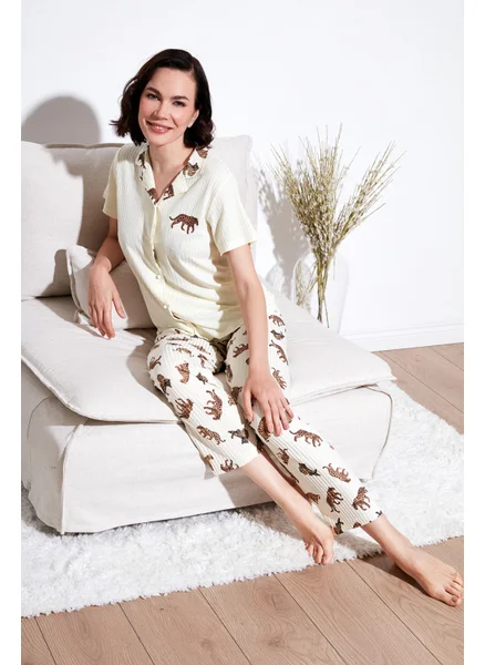ليلا Regular Fit Shirt Collar Short Sleeve Pajama Set Women's Pajama Set 65740102