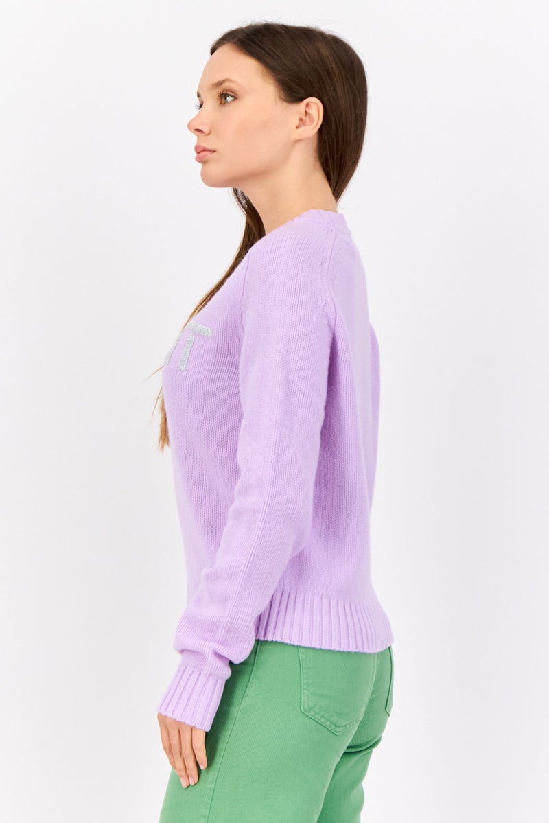 ESPRIT Women Ribbed Collar Embroidered Logo Sweaters, Lavender - Image 4