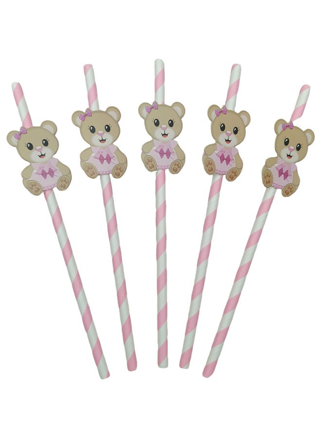 Party Straw Teddy Bear Bear Card Straw Disposable Dessert Table Cake Cocktail Decorative Paper Straw-Color:Teddy Bear Powder Striped Straw  - Image 1