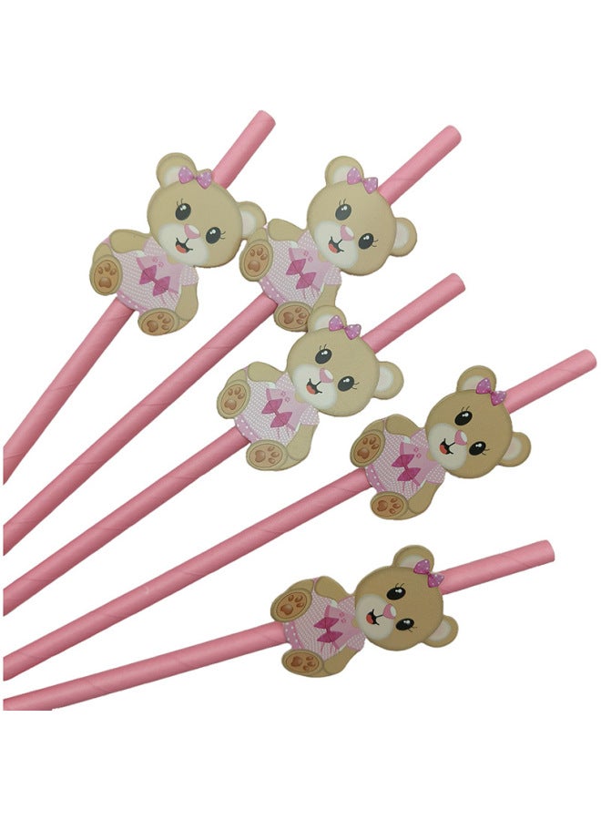 Party Straw Teddy Bear Bear Card Straw Disposable Dessert Table Cake Cocktail Decorative Paper Straw-Color:Teddy Bear Powder Striped Straw  - Image 2