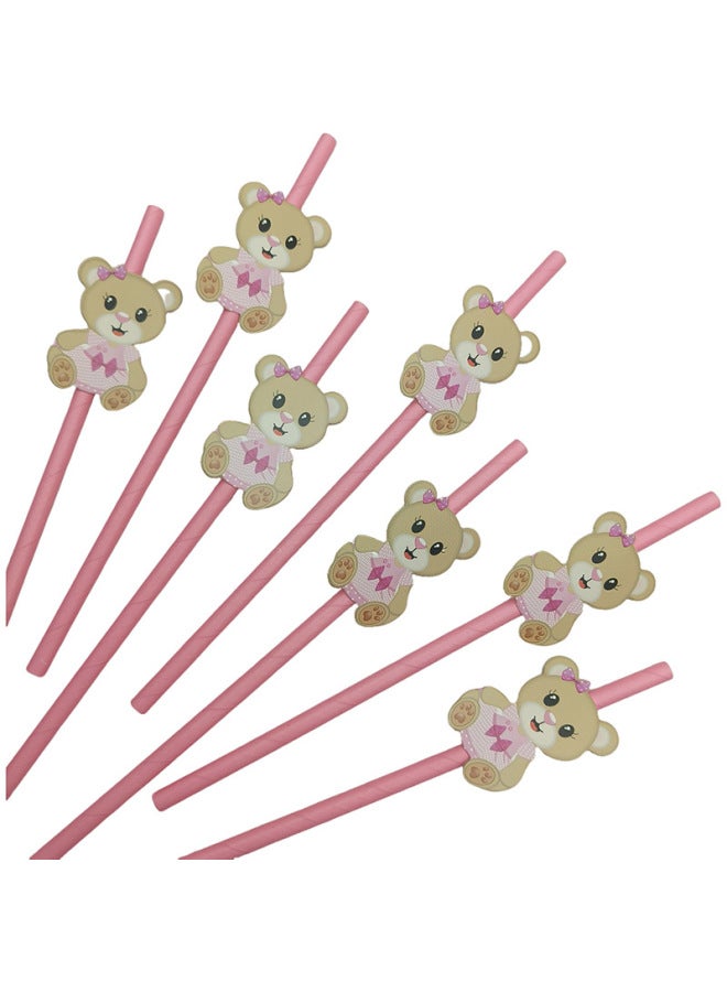 Party Straw Teddy Bear Bear Card Straw Disposable Dessert Table Cake Cocktail Decorative Paper Straw-Color:Teddy Bear Powder Striped Straw  - Image 3