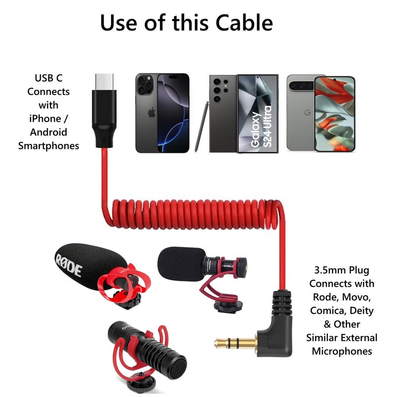 ienza USB C to 3.5mm TRS Microphone Cable for Rode, Movo, Comica, Deity & Other External Mic, Compatible with iPhone 15/16, Samsung Galaxy, LG, Pixel & Android Devices with USB C Port - Image 2