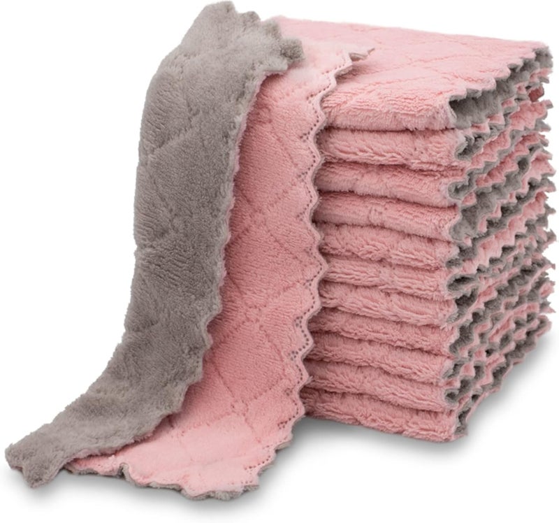 kimteny 12 Pack Kitchen Cloth Dish Towels, Premium Dishcloths, Super Absorbent Coral Velvet Dishtowels, Nonstick Oil Washable Fast Drying (Pink-Grey)