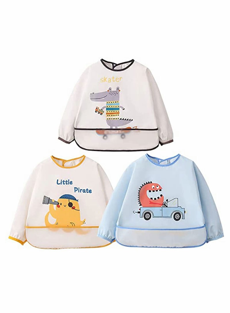 Baby Bibs, Long Sleeves Waterproof Toddler Bib Smock Apron Set, with Food Catcher Pocket, Soft Machine Washable Stain Odor Resistant, Cartoon Painting Smocks for Play Time (3Pcs, Size:L) - Image 1