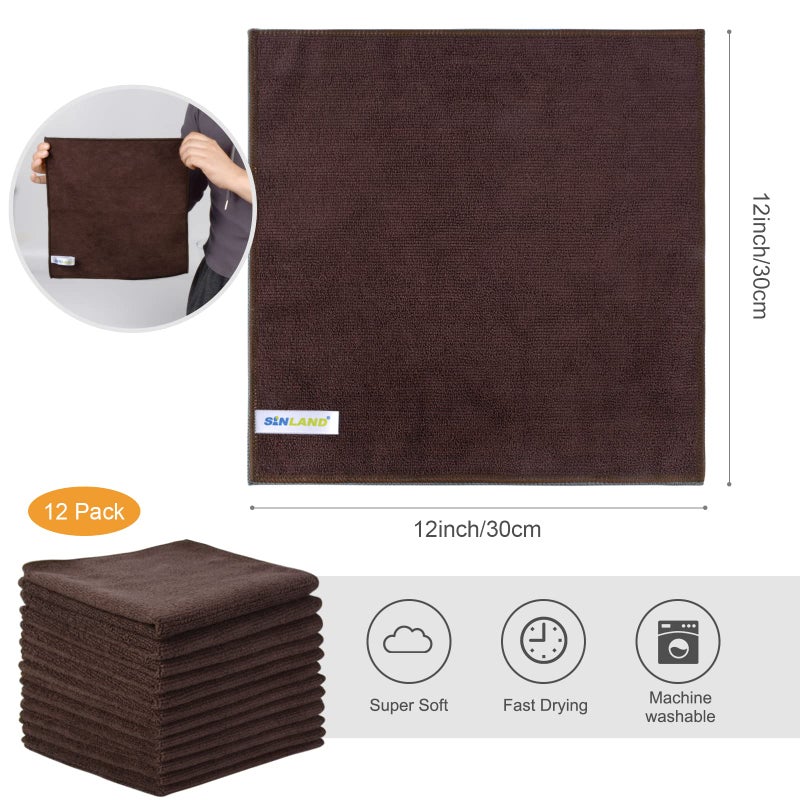 Sinland منشفة مطبخ ميكروفايبر ماصة SINLAND، منشفة تنظيف بدون خطوط، 12 بوصة × 12 بوصة، 12 قطعة، بني داكن - Image 2