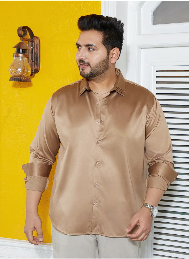 Instafab Plus Instafab Plus Men's Sand Beige Solid Satin Shirt For Casual Wear | Mid-Rise | Regular Fit | Button Closure | Plus Size Shirt Crafted With Comfort Fit For Everyday Wear