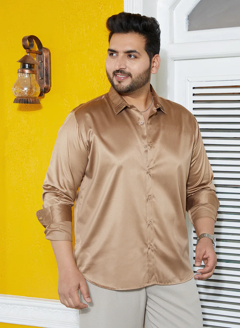Instafab Plus Instafab Plus Men's Sand Beige Solid Satin Shirt For Casual Wear | Mid-Rise | Regular Fit | Button Closure | Plus Size Shirt Crafted With Comfort Fit For Everyday Wear