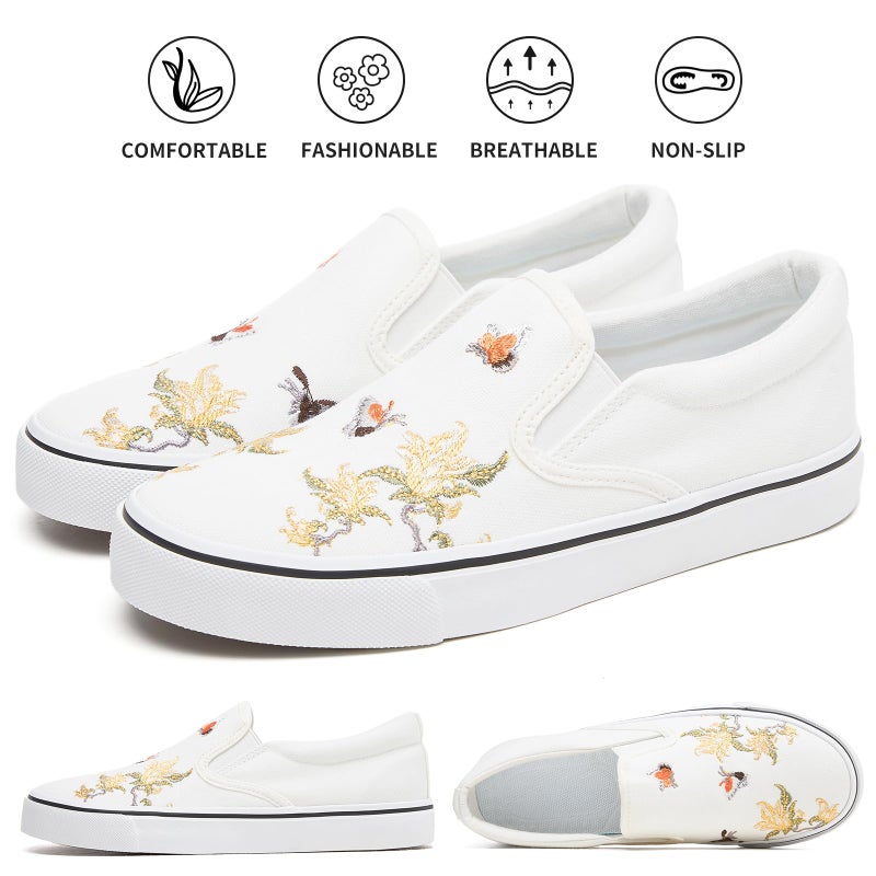 hash bubbie Women's Canvas Slip On Shoes Fashion Sneakers Flats Shoes White Canvas Shoes(White Embroidery.US7) - Image 5