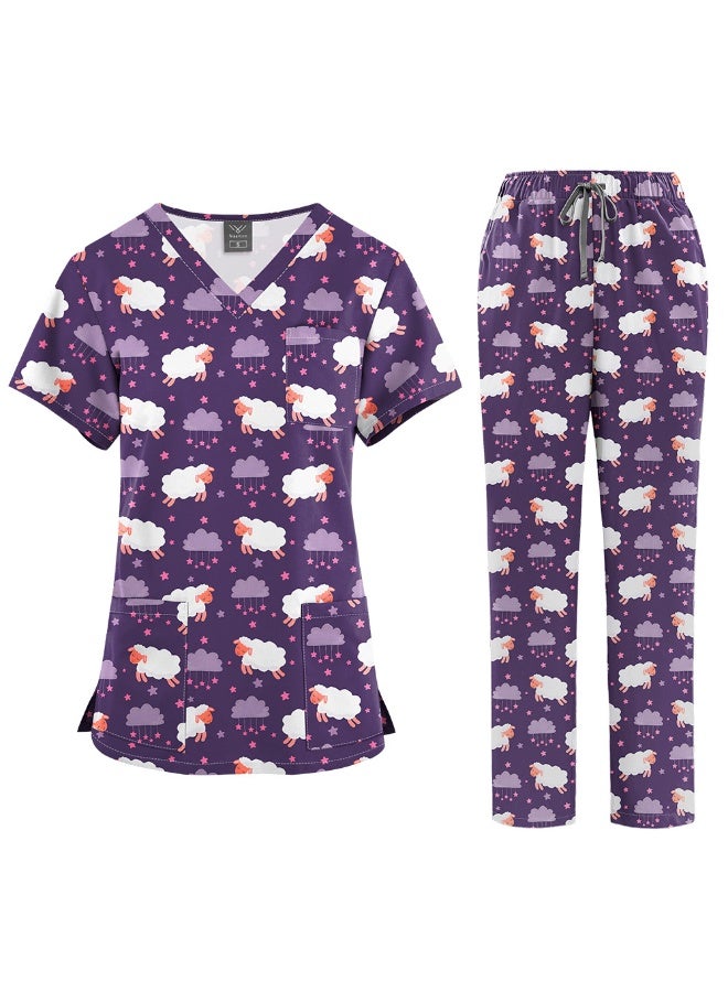 NIBEMINENT Surgical Uniforms Women Printed Medical Scrub Set Beauty Salon Workwear Pet Clinical Scrubs Top + Pant Doctor Nursing Tunic Suit - Image 1