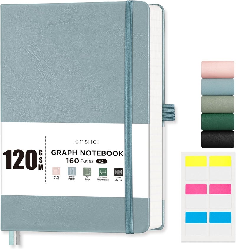 دفتر ملاحظات A5 ورق مربعات - 120 GSM غلاف صلب جلدي مع ملاحظات لاصقة، 160 صفحة دفتر شبكي للنساء والرجال والعمل والمدرسة والرسم البياني والهندسة، 14.5 × 21 سم - رمادي أزرق - Image 1