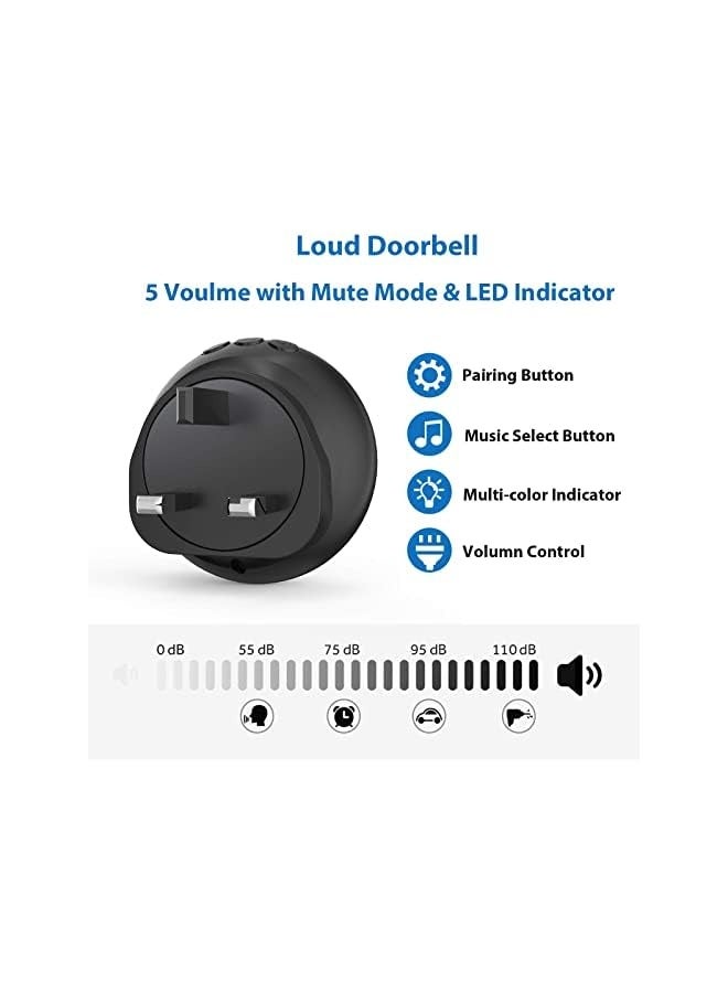 جرس باب لاسلكي، جهاز استقبال LED مصغر مقاوم للماء مع نطاق طويل يبلغ 300 متر، جرس دخول بدون أسلاك بصوت عالٍ مع 5 مستويات للصوت، 32 نغمة، مع بطارية لمحلات المنازل والمدارس والمكاتب - Image 3