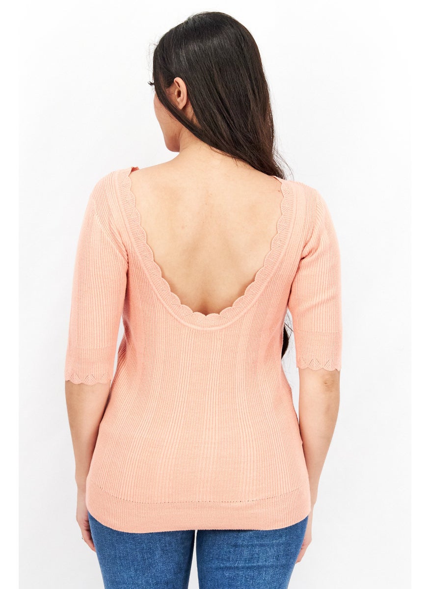 Oasis - Women Scoop Neck Short Sleeve Knit Top, Peach - Image 1