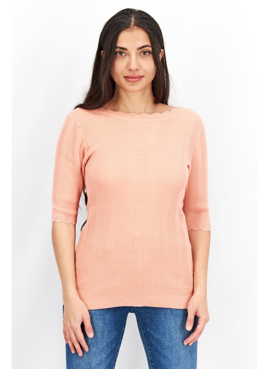 Oasis - Women Scoop Neck Short Sleeve Knit Top, Peach - Image 1