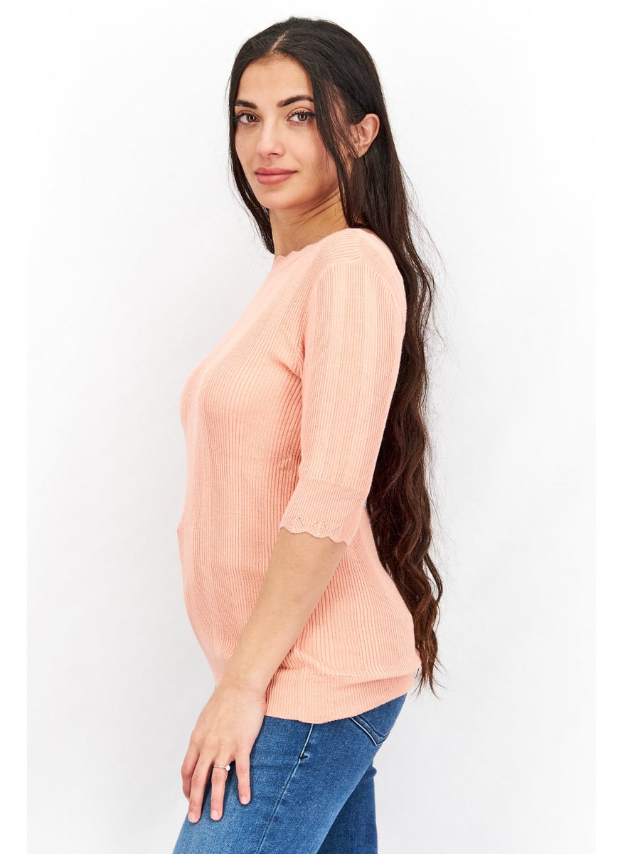 Oasis - Women Scoop Neck Short Sleeve Knit Top, Peach - Image 1