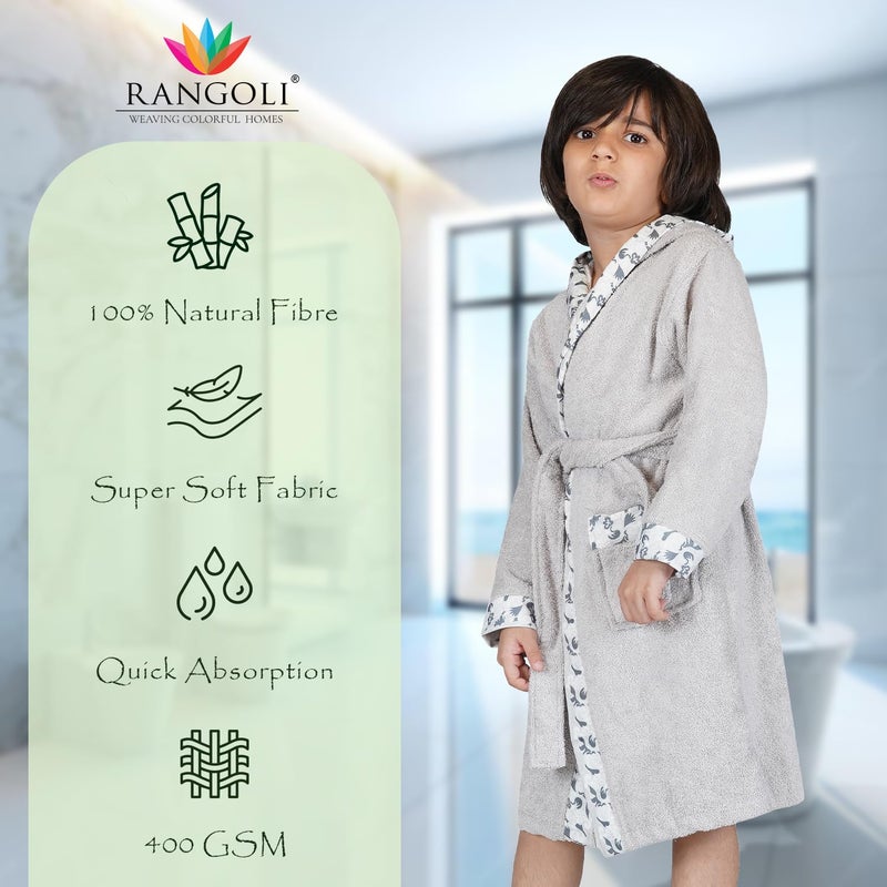 Rangoli Premium 100% Bamboo Kids Bathrobe, 600 GSM - Ultra Soft Hooded Bathrobe for Boys, Light Grey - Image 2