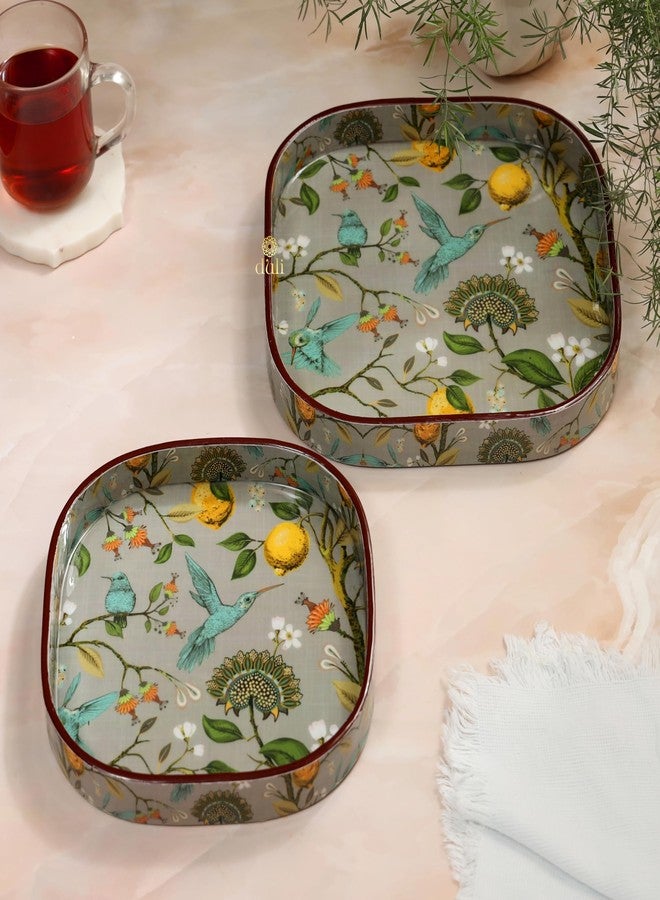 DULI Set of 2 MDF Wooden Trays with Enamel Coated Digital Print | Multipurpose Decorative Trays | 9x9 & 8x8 inch | Wipe & Use | Water-Resistant | Made in India (SmallSetof2CurvedSq-FruitandBirds) - Image 1