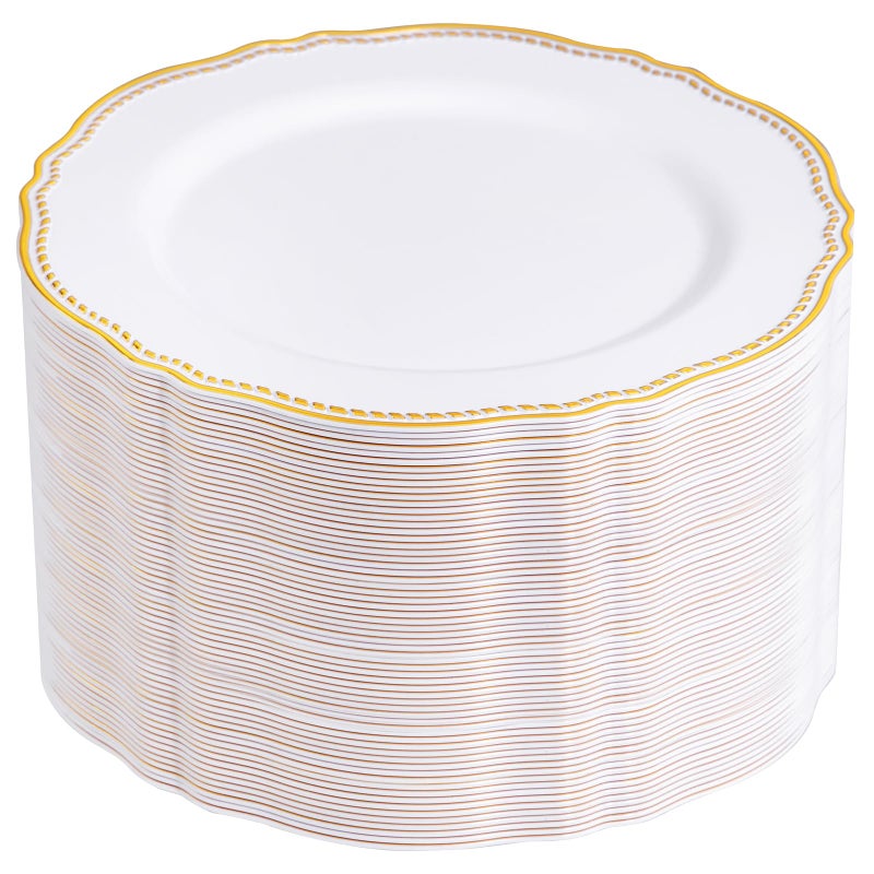 Hioasis 60pcs Gold Plastic Plates  White and Gold Trim Disposable Plates  1025 inch Disposable Dinner Plates Perfect for Wedding  Party
