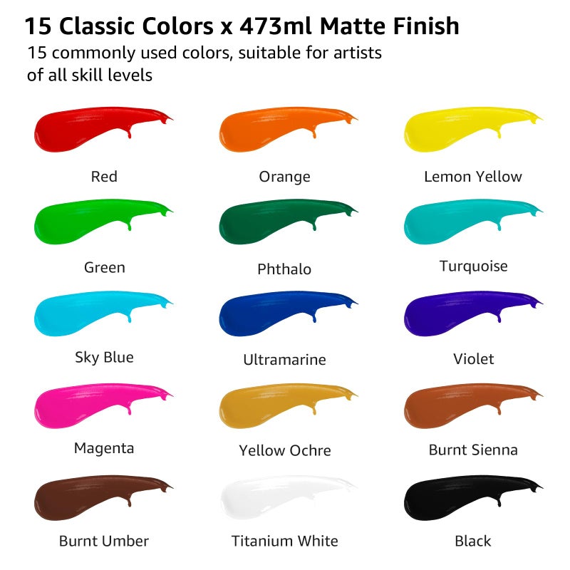 ABEIER Large Bulk Acrylic Paint Set, 15 Colors (473 ml/16 fl oz), Matte Finish, Rich Pigments, Non-Toxic Paints for Painting on Canvas Crafts Wood Ceramic, Ideal for Beginners and Students - Image 2