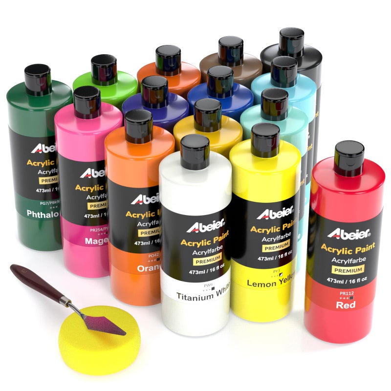 ABEIER Large Bulk Acrylic Paint Set, 15 Colors (473 ml/16 fl oz), Matte Finish, Rich Pigments, Non-Toxic Paints for Painting on Canvas Crafts Wood Ceramic, Ideal for Beginners and Students - Image 1