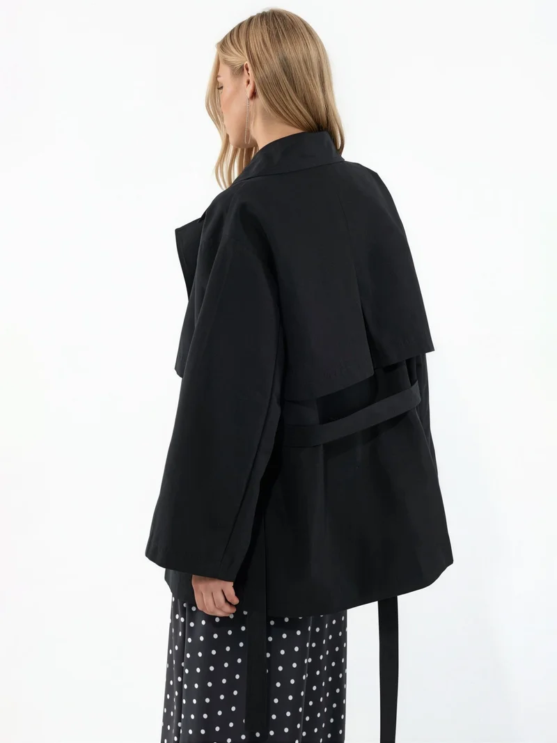Hiccup Black Double-Breasted Belted Trench Coat for Women | Best Price UAE