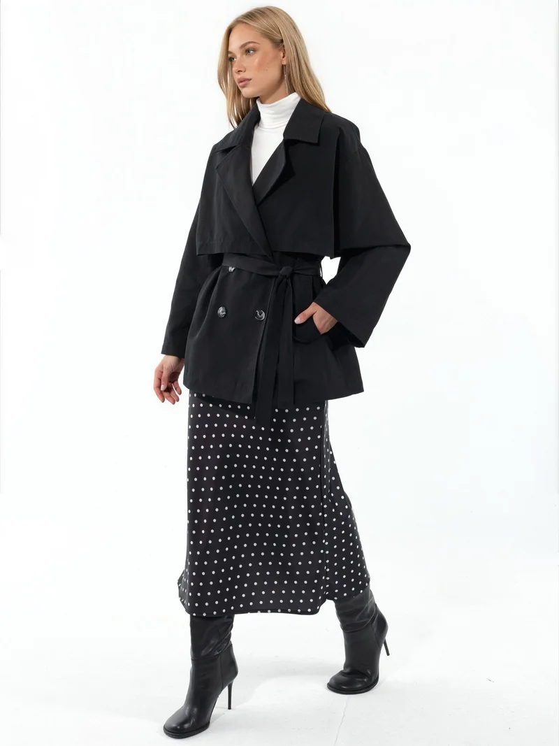 Hiccup Black Double-Breasted Belted Trench Coat for Women | Best Price UAE