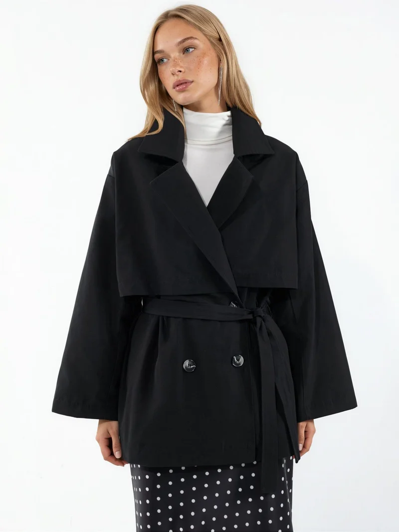 Hiccup Black Double-Breasted Belted Trench Coat for Women | Best Price UAE