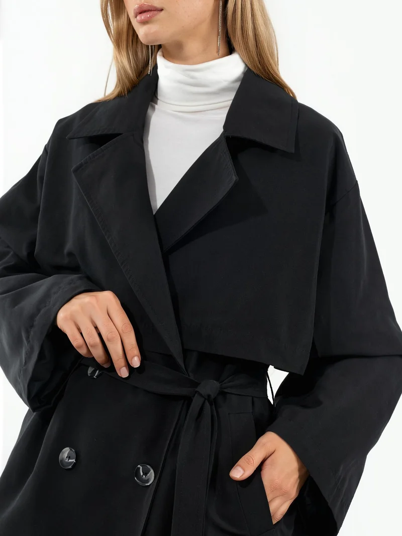 Hiccup Black Double-Breasted Belted Trench Coat for Women | Best Price UAE