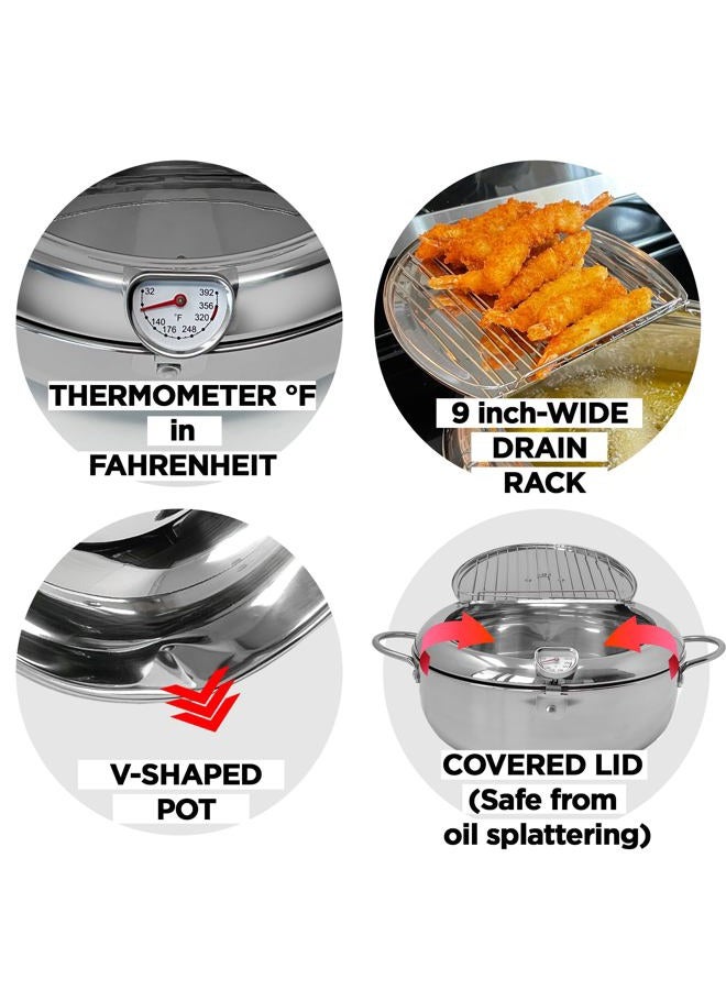 Saltlas Deep Fryer Pot (°F), 11"/4.4Qt (4.2 L) Extra Large Tempura Frying Pot with Lid, 304 Stainless Steel Fry Pot with Fahrenheit Temperature Control and Oil Drip Drain Rack - Image 3