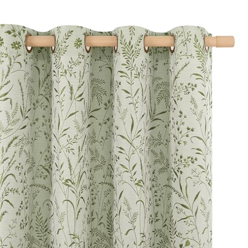 BGment Green Cottage Core Curtains for Bedroom 63 Inch Length, Leaf Botanical Branch Patterned French Country Farmhouse Vintage Linen Curtains Light Filtering Window Drapes 2 Panels, 52 x 63 Inch - Image 1