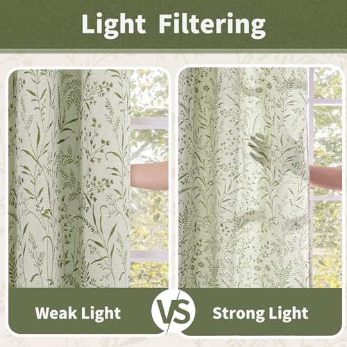 BGment Green Cottage Core Curtains for Bedroom 63 Inch Length, Leaf Botanical Branch Patterned French Country Farmhouse Vintage Linen Curtains Light Filtering Window Drapes 2 Panels, 52 x 63 Inch - Image 5