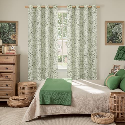 BGment Green Cottage Core Curtains for Bedroom 63 Inch Length, Leaf Botanical Branch Patterned French Country Farmhouse Vintage Linen Curtains Light Filtering Window Drapes 2 Panels, 52 x 63 Inch - Image 2