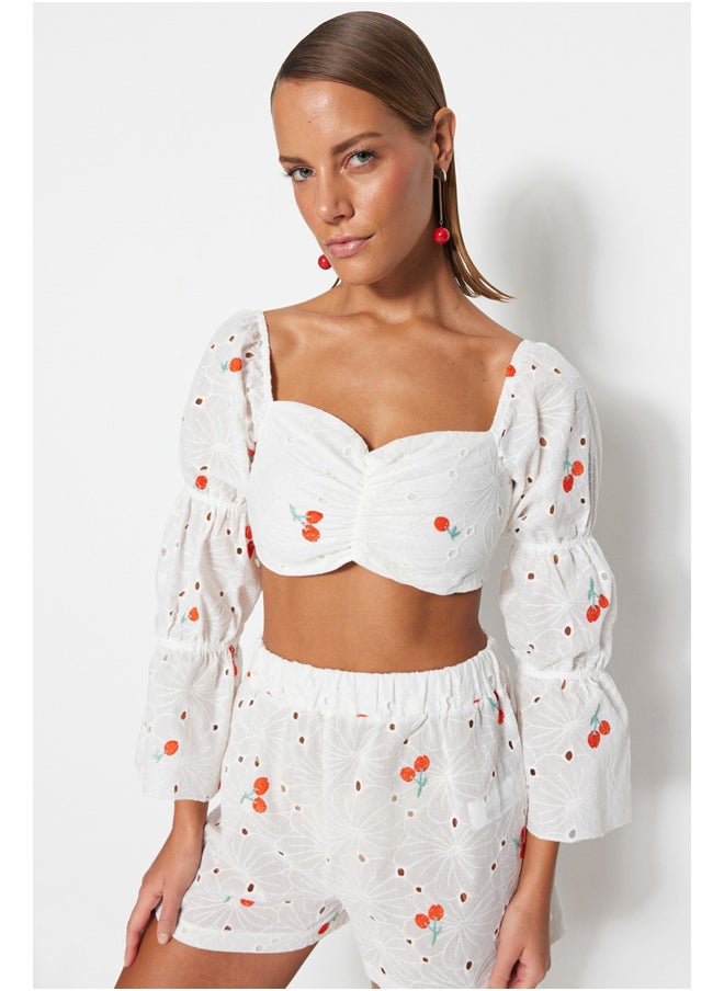 trendyol - White Fruit Patterned Crop Woven Embroidery Blouse TBESS23BZ00068 - Image 1
