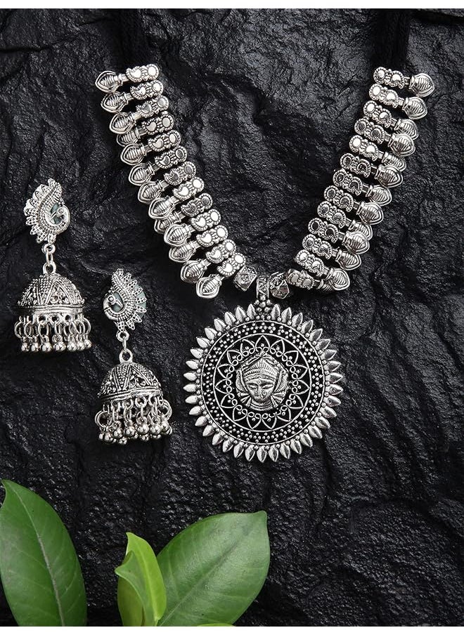 Shining Diva Fashion Latest Oxidised Silver Godess Durga Design Necklace Jewelery Set For Women Design2 Black Rrsd11241S  - Image 4