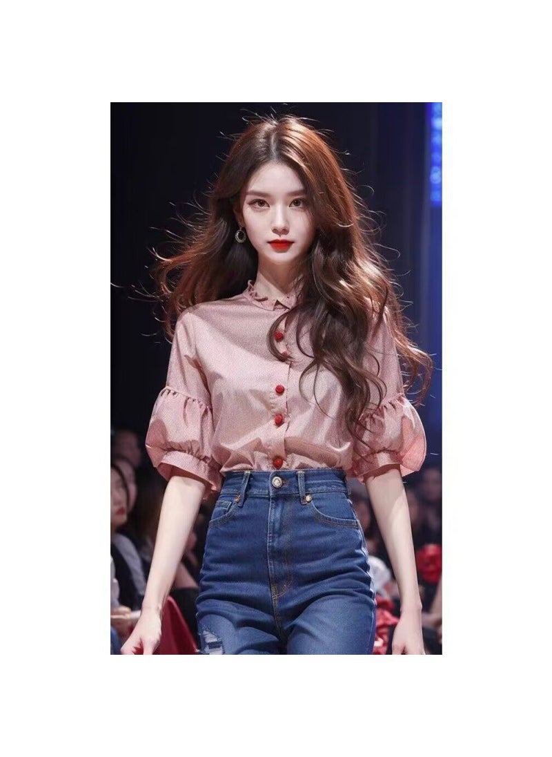 Generic - Modern Chinese Style Red Puff Sleeve Blouse Pink - Image 1