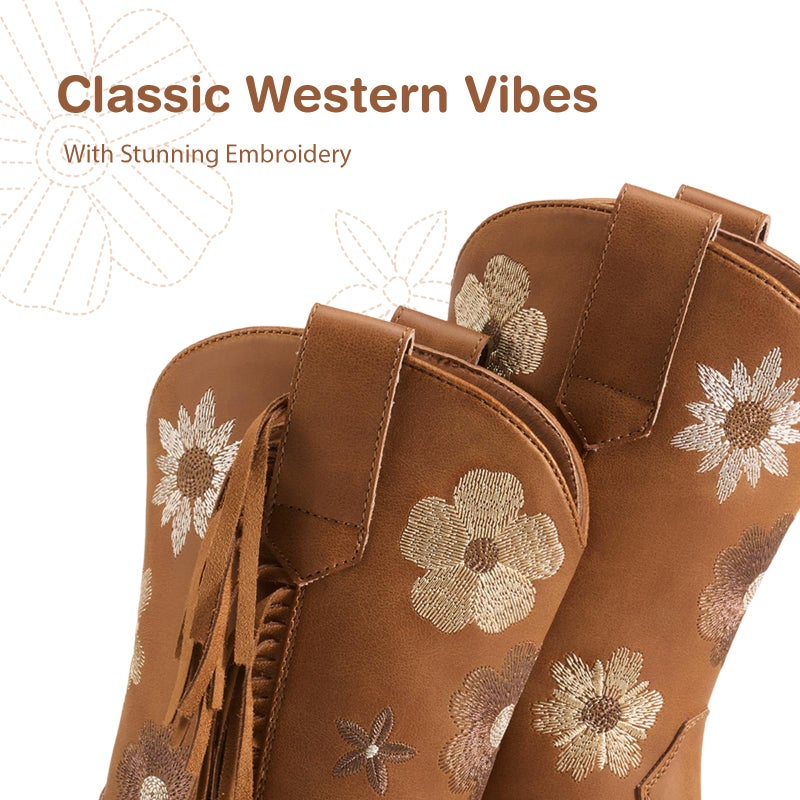 Rollda Girls Cowboy Boots, Cowgirl Boots with Tassel, Floral Embroidered Kids Western Boots for Toddler/Little Kid/Big Kid Brown Size 3 - Image 5