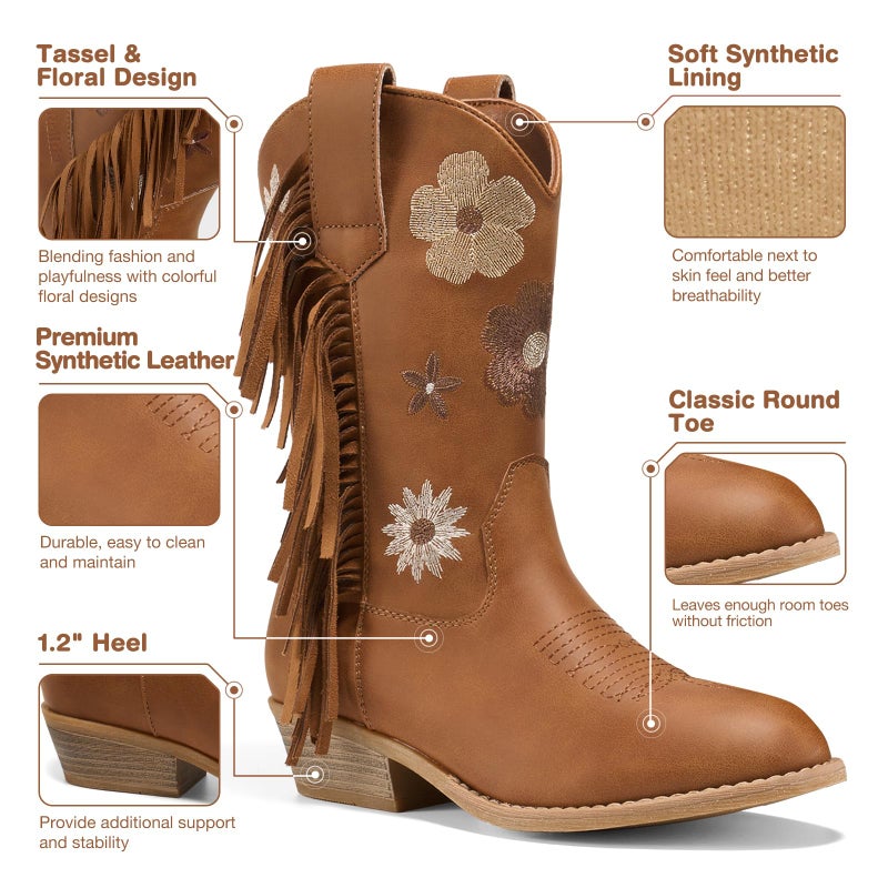 Rollda Girls Cowboy Boots, Cowgirl Boots with Tassel, Floral Embroidered Kids Western Boots for Toddler/Little Kid/Big Kid Brown Size 3 - Image 4