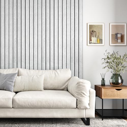 STICKEEP White Grey Wood Panels for Wall Slat Panel Self Adhesive Wood Slat 3D Wall Panels Peel and Stick 11.8"x197" Faux Foam Wooden Walls Panel Removable Modern Wooden Wallpaper for Bedroom Studio - Image 2