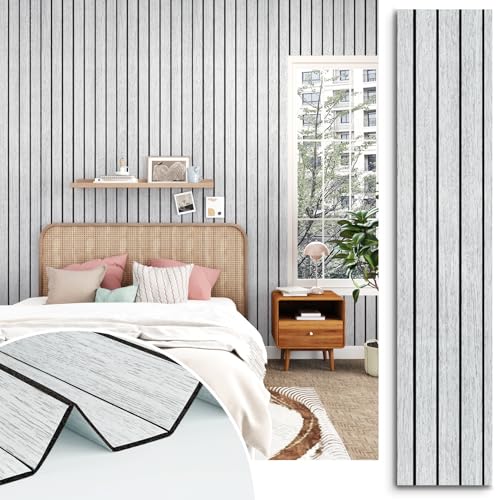 STICKEEP White Grey Wood Panels for Wall Slat Panel Self Adhesive Wood Slat 3D Wall Panels Peel and Stick 11.8"x197" Faux Foam Wooden Walls Panel Removable Modern Wooden Wallpaper for Bedroom Studio - Image 1