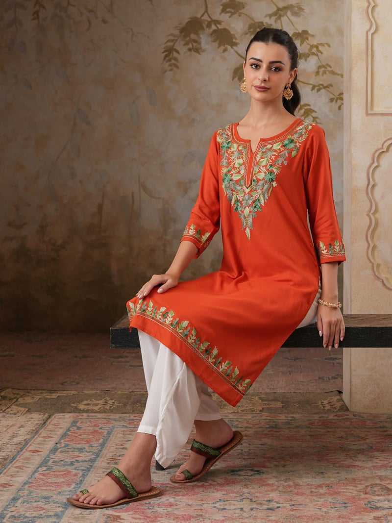 QAZMI Women's Noor Kashmiri Aari Work Viscose Rayon Straight Kurta Rust Orange - Image 2