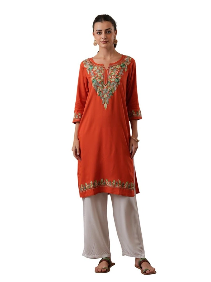 QAZMI Women's Noor Kashmiri Aari Work Viscose Rayon Straight Kurta Rust Orange - Image 1