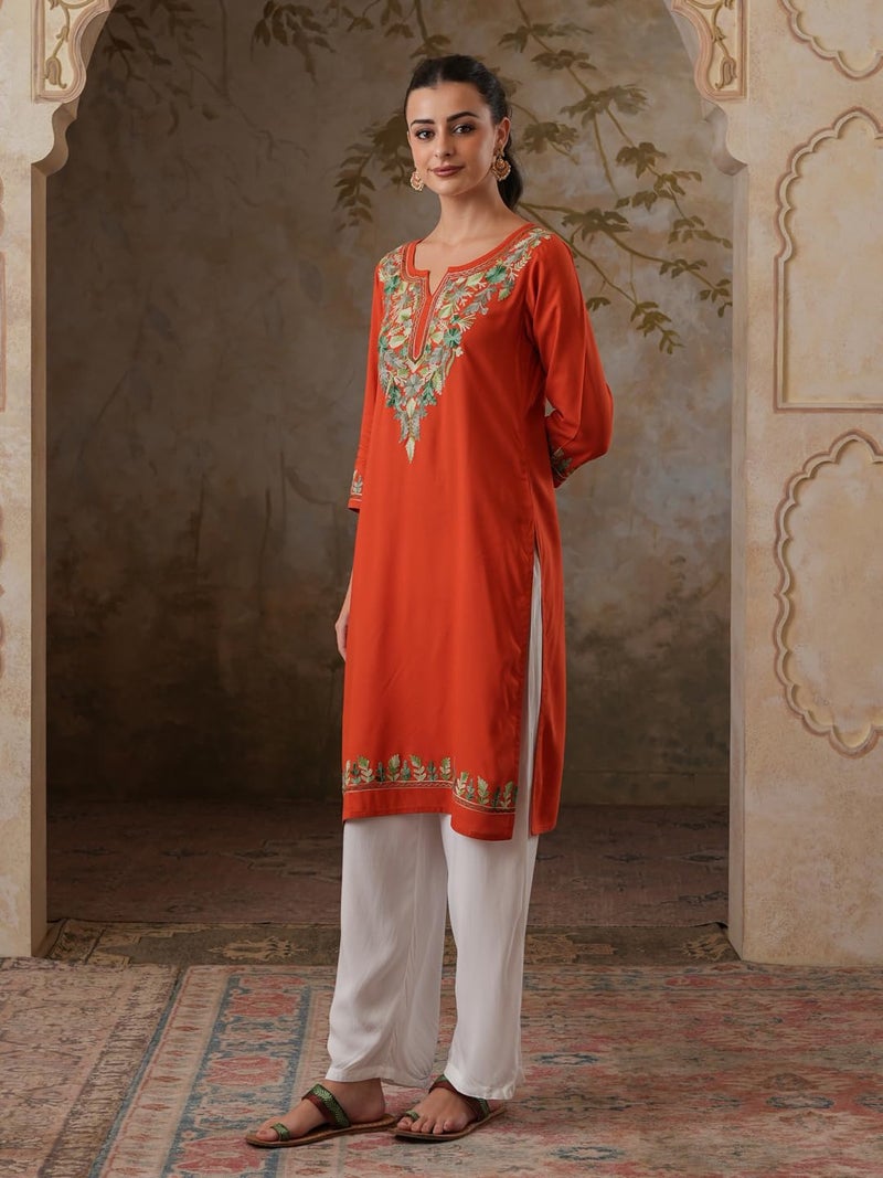 QAZMI Women's Noor Kashmiri Aari Work Viscose Rayon Straight Kurta Rust Orange - Image 4