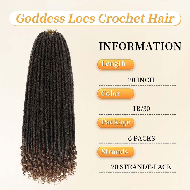 MODERN QUEEN 6 Packs Goddess Locs Crochet Hair, 20 Inch Straight Faux Locs Crochet Braids, Pre-Looped Curly Soft Synthetic Ombre Braiding Hair Extensions for Black Women(20 Inch, 6 Packs, 1B/30#) - Image 2